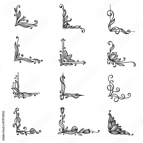 Collection of vector hand drawn corners for design frames, invitations, greeting cards