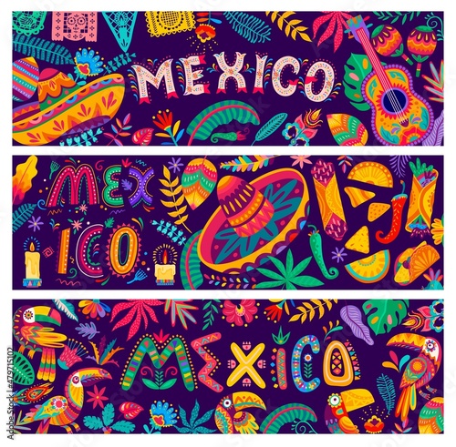 Mexican national sombrero and food, toucan, flowers, guitar and papel picado flags. Vector banners with ethnic Mexican ornament background of flowers, leaves, birds and jalapeno pepper