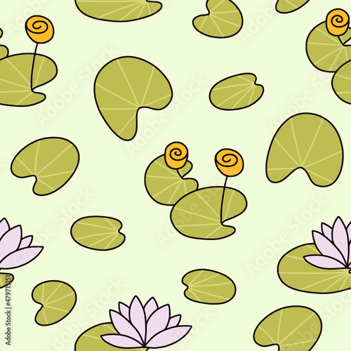 Water lily seamless pattern. Doodle cartoon lotus, lily pad pond print. Abstract green background.