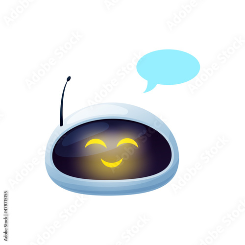 Chatterbot customer support service chatting bot with glowing eyes and speech bubble isolated cartoon character. Vector virtual online support chatbot ai assistant helper, messenger application robot