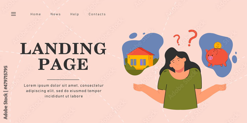 Naklejka premium Girl choosing between saving money or buying house. Female person making decision flat vector illustration. Saving and spending, finance concept for banner, website design or landing web page