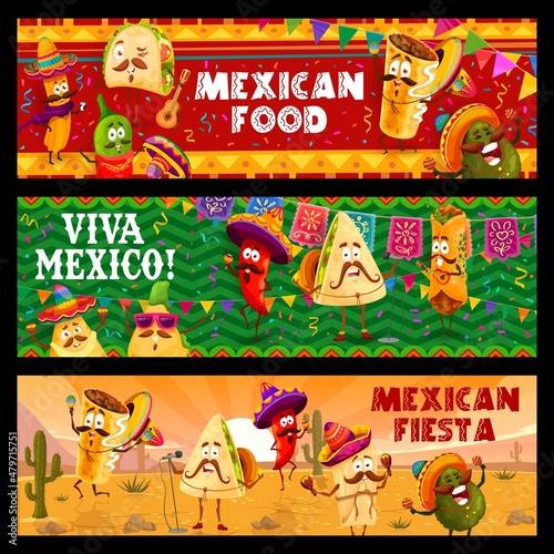 Mexican fiesta and holiday party, cartoon mexican tacos and burrito, churros and jalapeno, nachos and avocado characters. Vector banners with tex mex fast food snacks in sombrero and poncho on desert