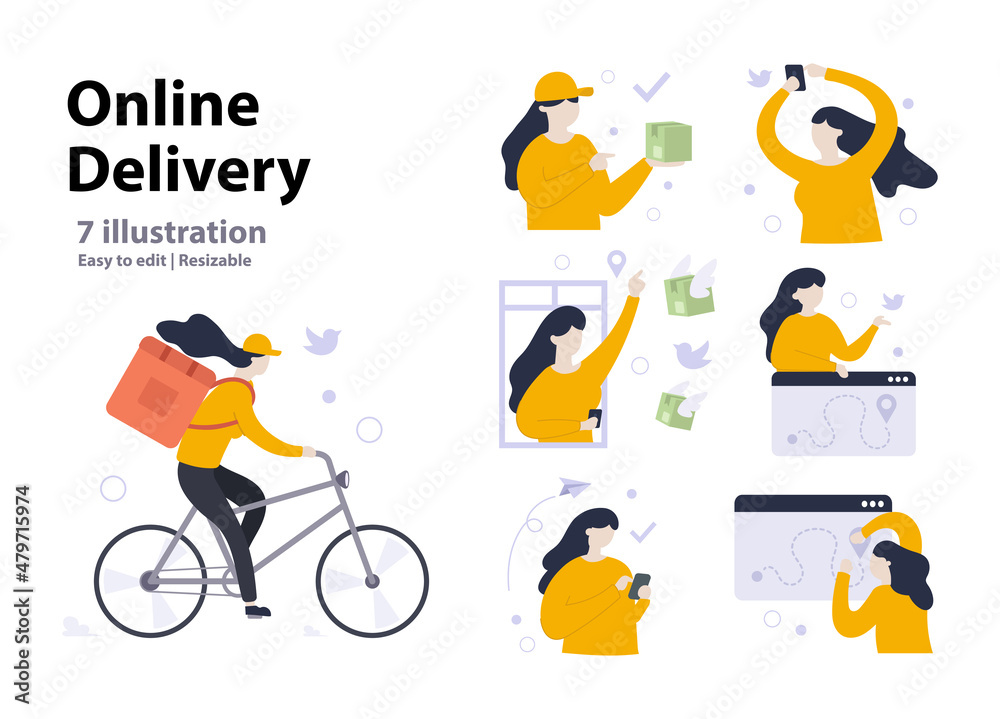 online delivery concept. Collection of scenes of women in yellow shirts engaged in online delivery. vector illustration online delivery concept. Collection of scenes of women in yellow shirts engaged in online delivery. vector illustration