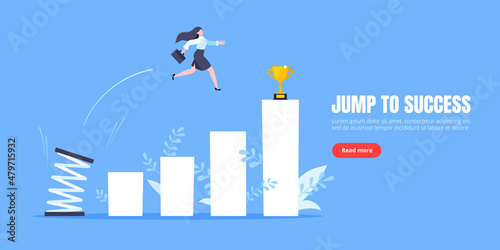 Springboard businesswoman high jump flat style design vector illustration concept. Business person jumps above career ladder. Success growth, motivation opportunity, boost career concept.