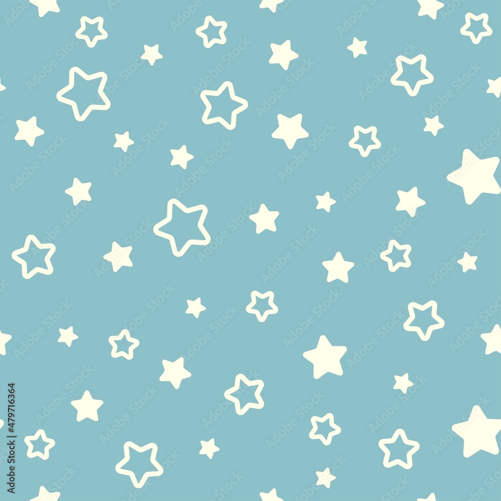 Seamless fairytale pattern with cute stars on powder blue background. Seamless fairytale pattern with cute stars on powder blue background.