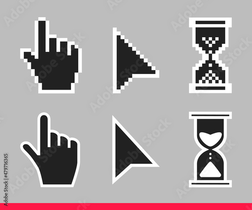 Pointer hand, arrow and hourglass loading clock mouse cursors icon sign graphic element flat style design vector illustration set. Simplistic pictogram indicator sign, endless time process idea.