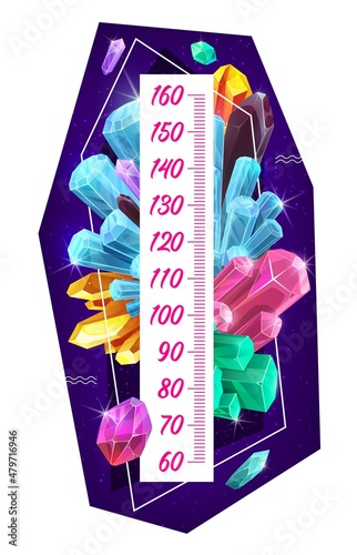 Kids height chart, brilliant gems and crystals vector frame. Growth measure meter with gemstones, jewels, precious stones, diamonds and quartz, topaz and sapphire ruler scale