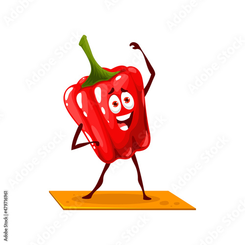 Happy red paprika bell pepper cartoon character with face, standing on legs on fitness pilates mat isolated cute kids vegetable. Vector veggie lifestyle, natural fresh healthy food, Bulgarian pepper
