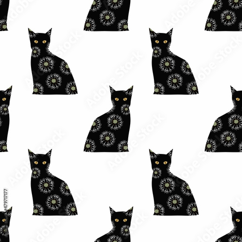 Fototapeta Naklejka Na Ścianę i Meble -  Cute cat and flower Vector ilustration seamless patern with.Great for textile,fabric,wrapping paper,and any print.