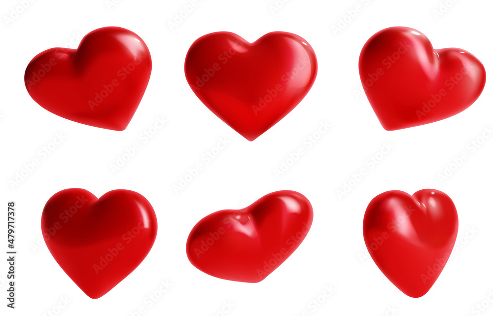 3d Different Red Valentine Hearts Set Plasticine Cartoon Style Symbol of Romance Holiday Celebration. Vector illustration
