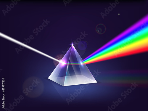 Realistic Detailed 3d Prism Light Spectrum . Vector illustration of Glass Pyramid Refraction of Light Rays on a Dark