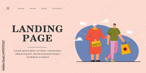 Grandmother holding credit card and grandson purchase package. Old woman walking with child after shopping flat vector illustration. Family, technology, progress concept