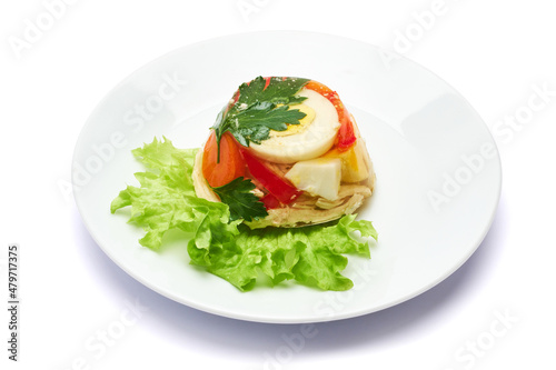 Delicious chicken aspic on a plate isolated on white background