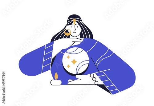 Fortune teller with magic crystal ball. Clairvoyant woman telling and predicting future. Fortuneteller gypsy foretelling destiny. Flat vector illustration of prophetess isolated on white background