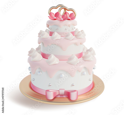 3d Valentines Day or Wedding Cake Plasticine Cartoon Style Romantic Holiday Celebration Dessert with Hearts Decoration. Vector illustration