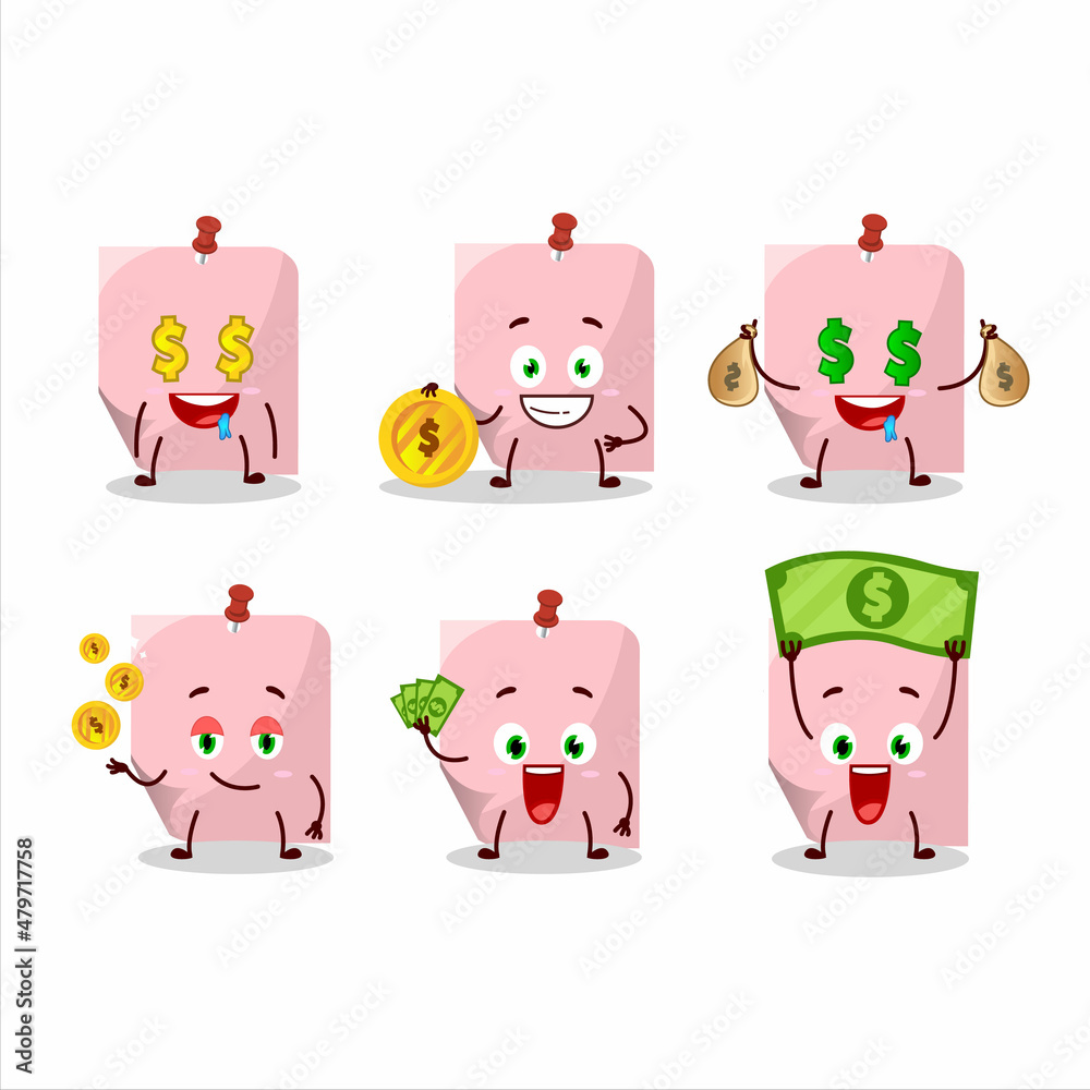 Naklejka premium Pink sticky note cartoon character with cute emoticon bring money