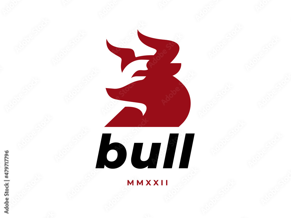 Horned red bull head logo. Cattle ranch beef farm animal icon. Taurus strength symbol. Vector illustration. - obrazy, fototapety, plakaty 