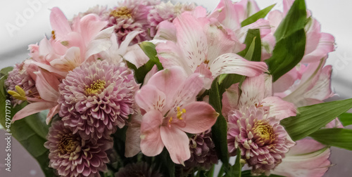 Pink flowers and green leaves.
