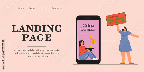 Happy girl holding credit card, making donation online Female person making payment through mobile app flat vector illustration. Charity, help concept for banner, website design or landing web page