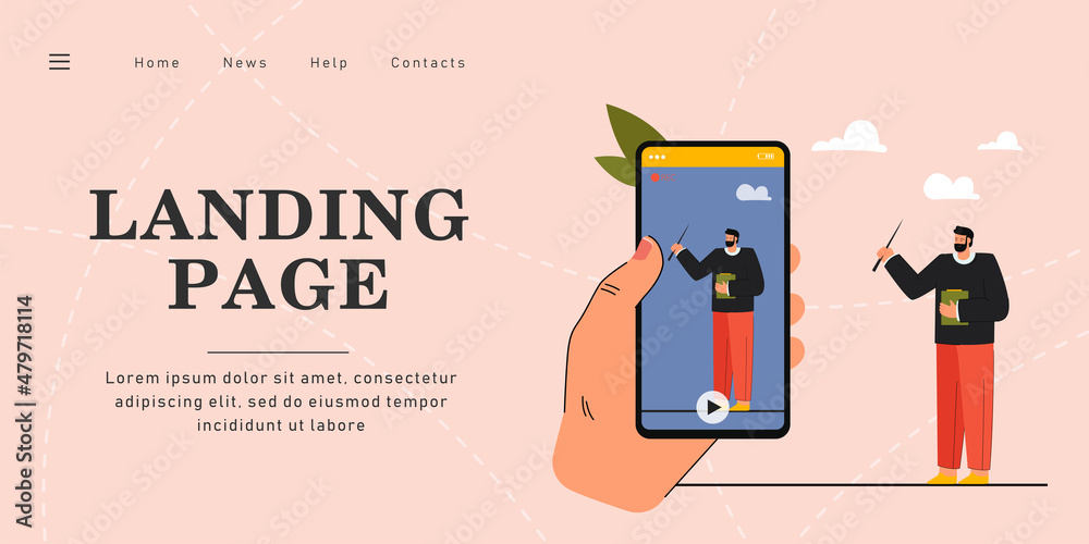 Hand with phone making online recording of male teacher. Man standing, holding clipboard and pointer flat vector illustration. Recording video concept for banner, website design or landing web page.