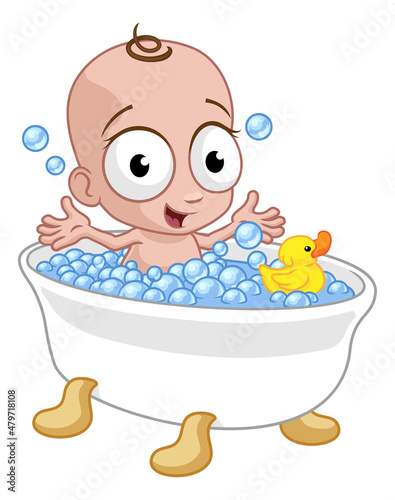 Cute Cartoon Baby In Bath Tub With Rubber Ducky