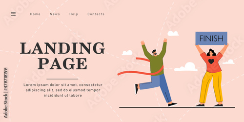 Girlfriend meeting boyfriend at finish line of race. Happy man winning competition flat vector illustration. Marathon, love, support concept for banner, website design or landing web page