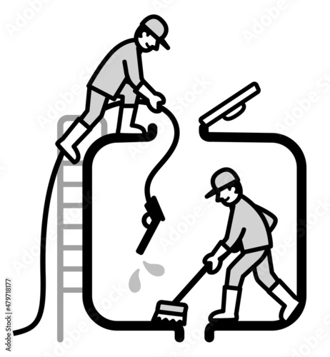 貯水槽　受水層　清掃　清掃員　モノトーン　ベクター