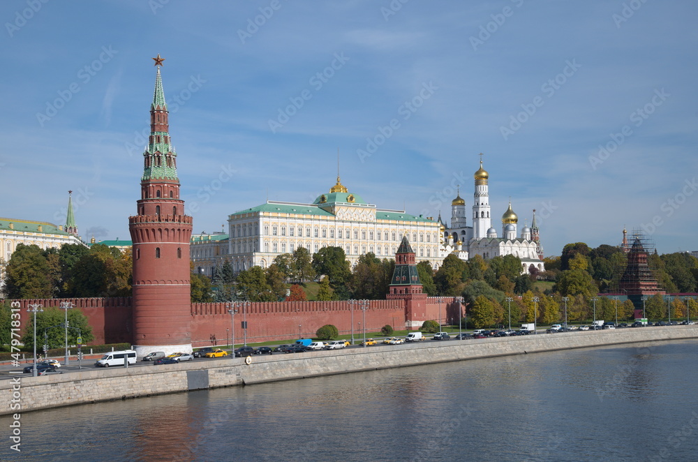 View of the Moscow Kremlin and the Kremlin Embankment on an autumn sunny day, Russia
