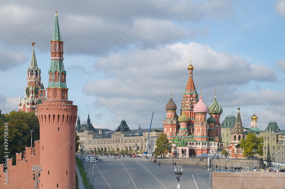 Moscow, Russia - September 29, 2021: Autumn view from the Big Moskvoretsky Bridge to the Moscow Kremlin and St. Basil's Cathedral