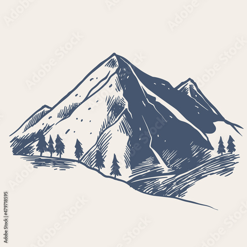 Hand drawn of Mountain with pine trees and black landscape on white background. Hand drawn rocky peak in sketch style.