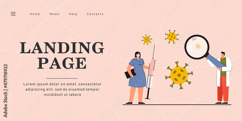 Coronavirus vaccine vector illustration. Male and female doctors researching injection. Woman holding syringe. Healthcare, vaccination concept for banner, website design or landing web page Coronavirus vaccine vector illustration. Male and female doctors researching injection. Woman holding syringe. Healthcare, vaccination concept for banner, website design or landing web page
