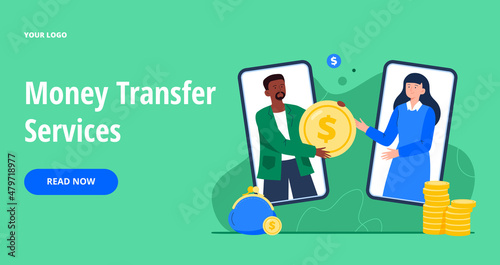 A man sends money from a smartphone to a woman. People make contactless cash transactions on the internet. Digital bank or e-wallet phone app. Vector colorful flat illustration for banners, webpage.
