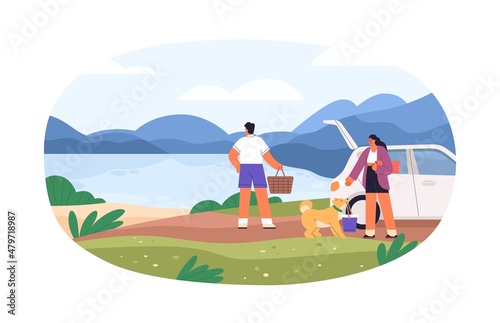 Couple arrived for picnic near water on summer holidays. Family with dog travel and rest on coast at leisure time.Man and woman relaxing outdoors. Flat vector illustration isolated on white background