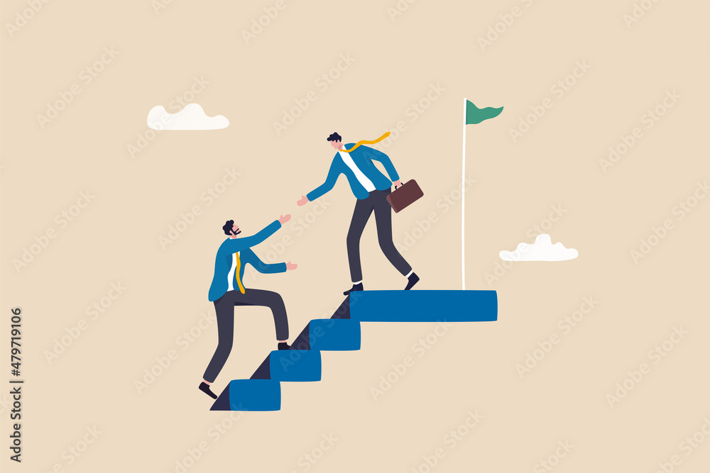Ethical leadership help colleague to succeed and reach goal achieve target, mentorship, support or help for career success concept, businessman leader help employee climb to target at top of stair. - obrazy, fototapety, plakaty 