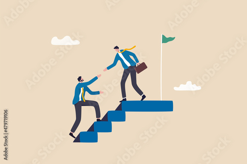 Ethical leadership help colleague to succeed and reach goal achieve target, mentorship, support or help for career success concept, businessman leader help employee climb to target at top of stair. photo