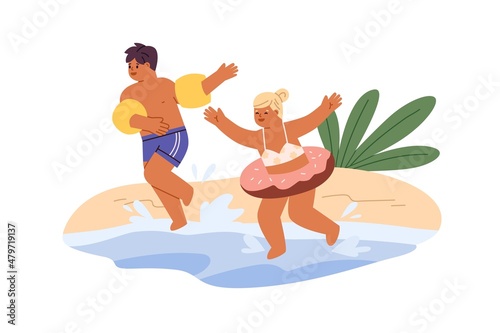 Happy kids having fun in water. Children in swim ring and inflatable sleeves on summer holidays. Boy and girl rejoicing on beach in summertime. Flat vector illustration isolated on white background