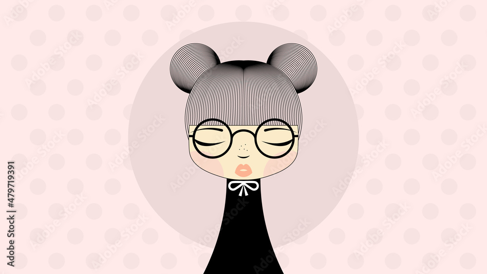 Cute Girl With Pigtails, Glasses And White Bow, Darling Face, Adorable Young Woman, Female Fashion Icon, Vector Illustration, Avatar Cute Girl With Pigtails, Glasses And White Bow, Darling Face, Adorable Young Woman, Female Fashion Icon, Vector Illustration, Avatar