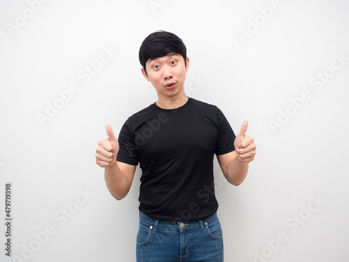 Asian man black shirt thumb up portrait
