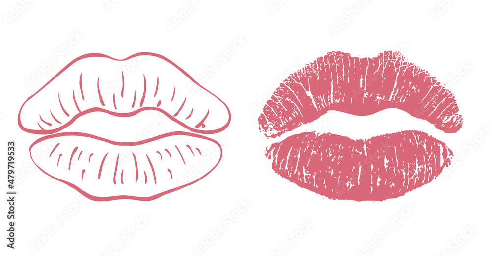Obraz premium Lipstick kiss print and Lips icon isolated. Lips symbol set. Mouth shape.
