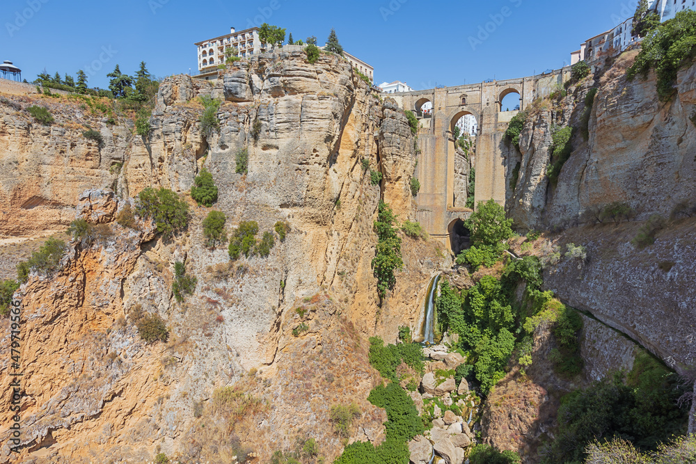 The Puente Nuevo of New Bridge with the Guadalevin gorge, seen from the south bank of the Guadalevin river