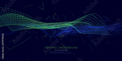 Abstract background with polygonal grid connecting dots on dark blue. Computing algorithm concept. Banner horizontal for business, science and technology.