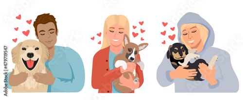 People petting dogs. Young people, teenagers hugging dog pets vector illustration, happy girls and smiling boys with puppies image. Domestic animals and playing owners best friends