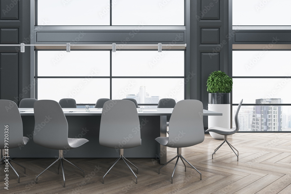 Modern wooden and concrete meeting room interior with panoramic city view, furniture and daylight. 3D Rendering.