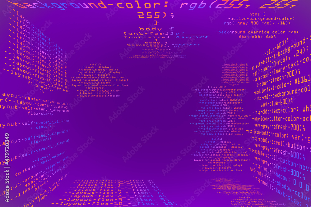 Abstract glowing purple coding programming background with mock up place. Big data and code concept. 3D Rendering.