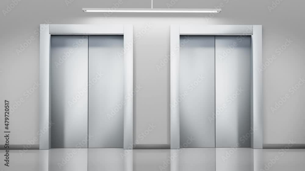 Lift doors, passenger or service closed elevators in empty hallway with grey walls. Building hall interior with metal silver gates, indoor transportation in office, house or hotel, 3d render animation Lift doors, passenger or service closed elevators in empty hallway with grey walls. Building hall interior with metal silver gates, indoor transportation in office, house or hotel, 3d render animation