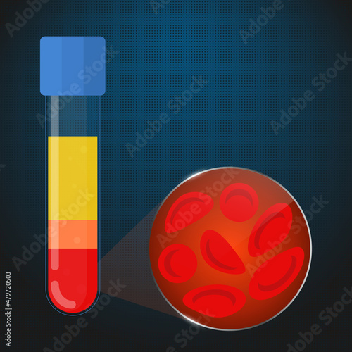 Erythrocytes close up. Platelet-rich plasma structure under microscope. Composition of blood. Red cells and platelets in a test tube. Laboratory equipment. Scientific vector illustration