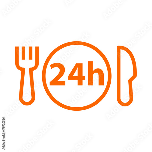 Logotipo con texto 24h en círculo con tenedor y cuchillo con lineas en color naranja