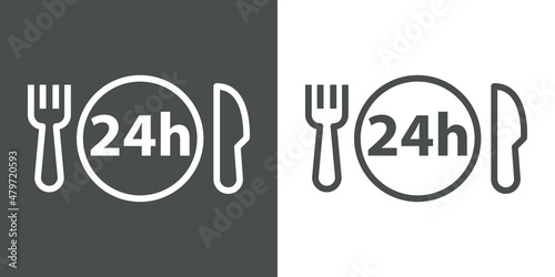 Logotipo con texto 24h en círculo con tenedor y cuchillo con lineas en fondo gris y fondo blanco