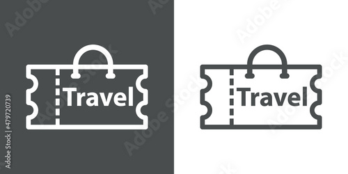 Logotipo con texto Travel con ticket con forma de maleta con lineas en fondo gris y fondo blanco