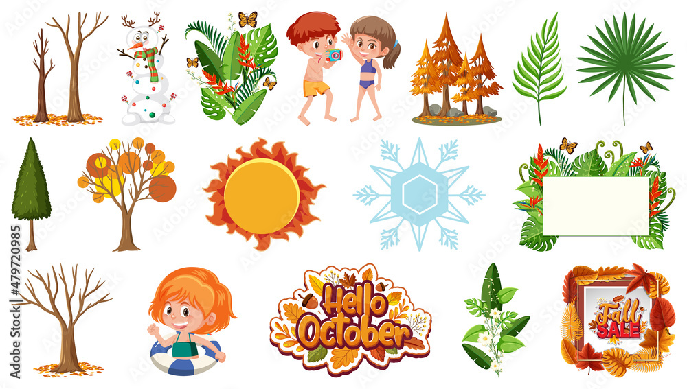Set of four seasons trees and nature objects Set of four seasons trees and nature objects
